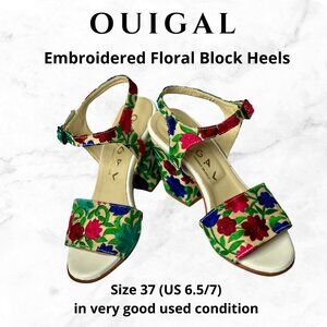 Ouigal Embroidered Block Heel Sandals Size 37 Tan/Floral
